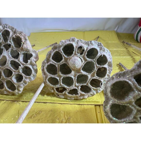 Vintage Lotus Seed Pod Floral Picks Christmas Holiday White Silver Set - Picture 10 of 16